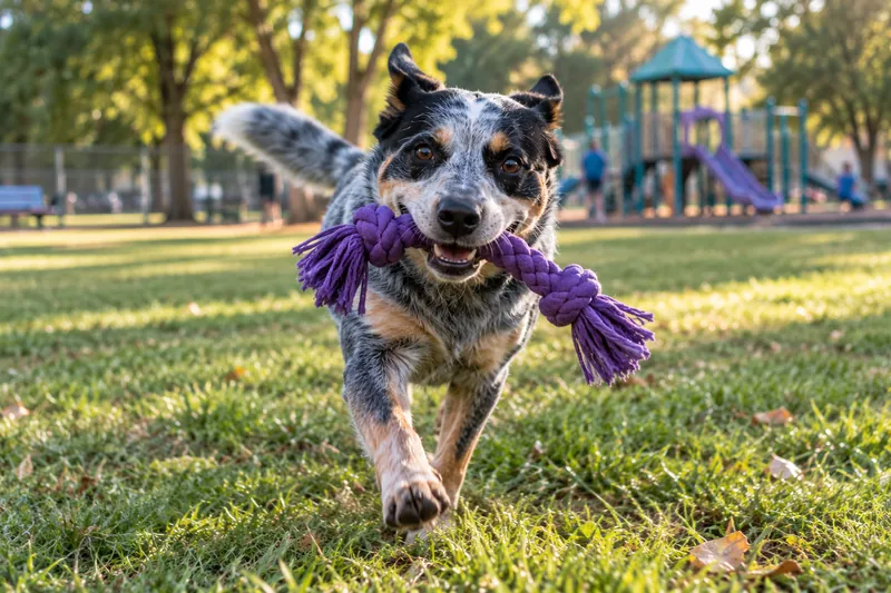 Cattle dog running with a purple rope toy