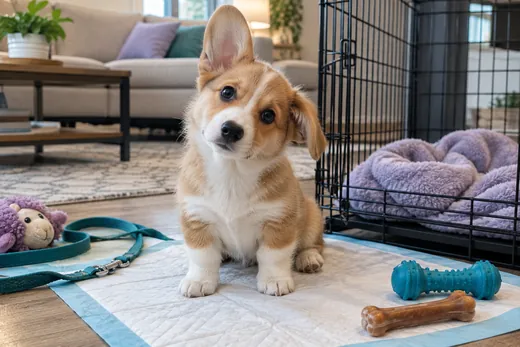 Corgi puppy sitting on a puppy pad