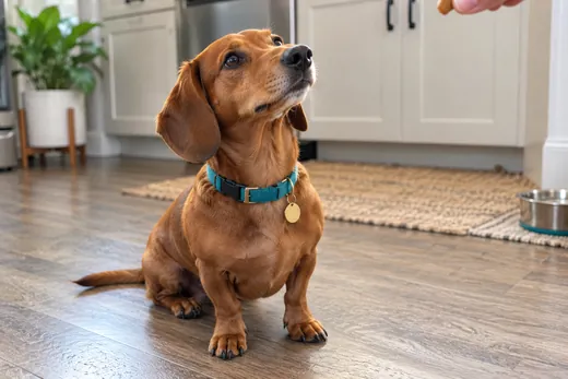 Dachshund focused on its trainer for a treat