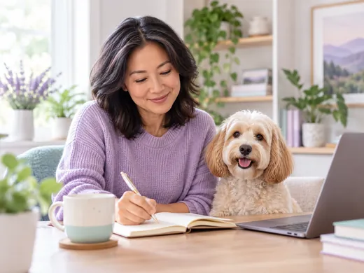 Dog trainer walking a client's dog with the owners