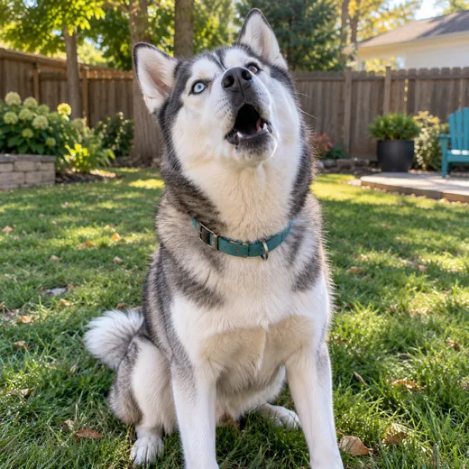 Husky howling in a backyard