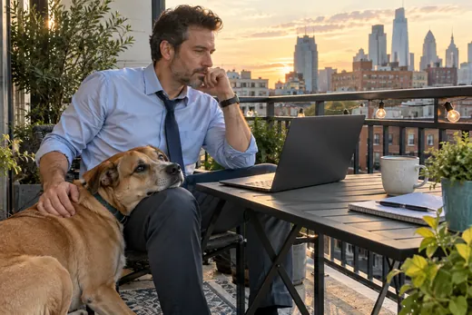 Man studying on his balcony after work with his dog