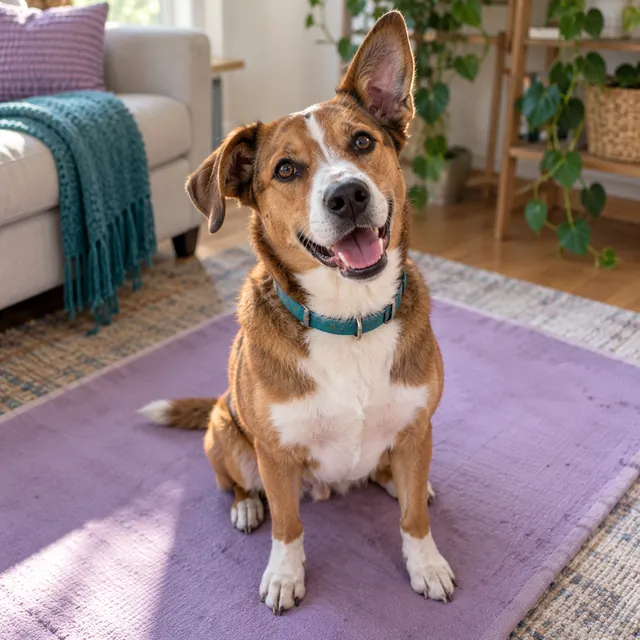 Mixed-breed dog sitting on a training mat
