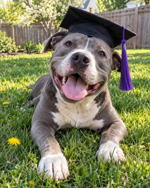 Pit bull mix wearing a graduation cap