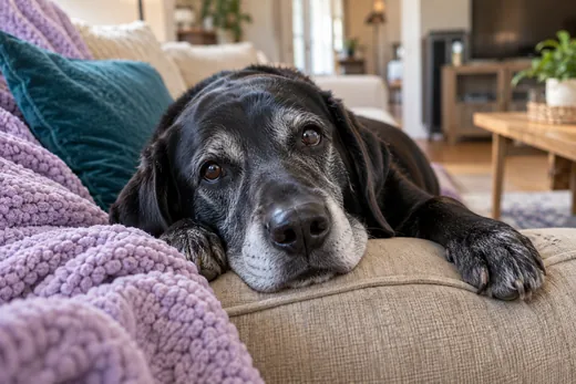 Senior black Labrador resting on a couch