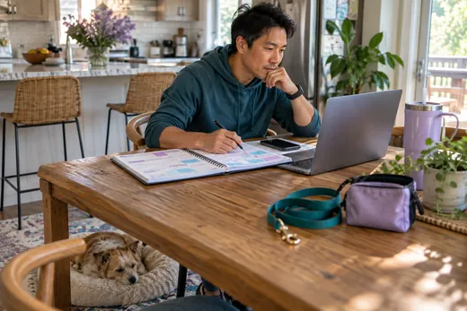 Dog trainer planning a training business at the kitchen table