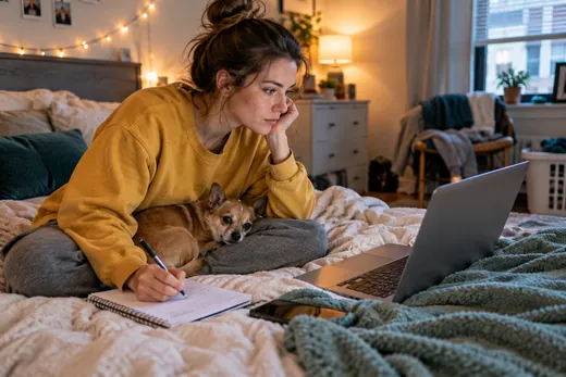 Student taking the online course on her bed with her chihuahua