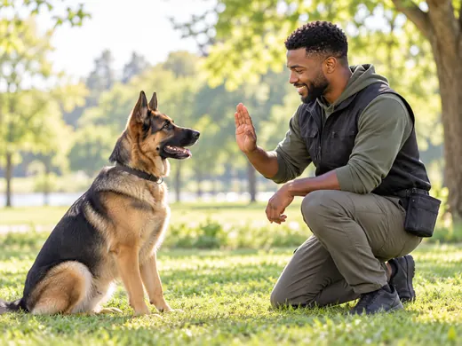 Trainer giving a hand signal to a German shepherd
