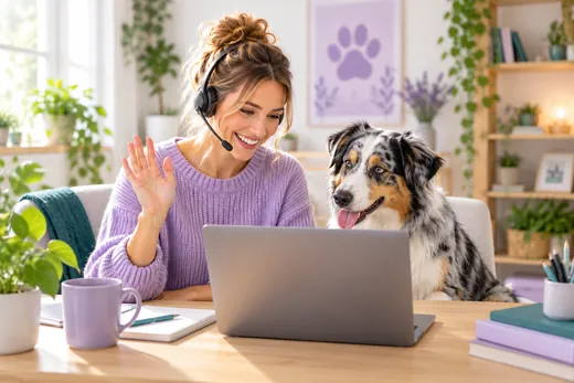 Trainer on a video call with her dog