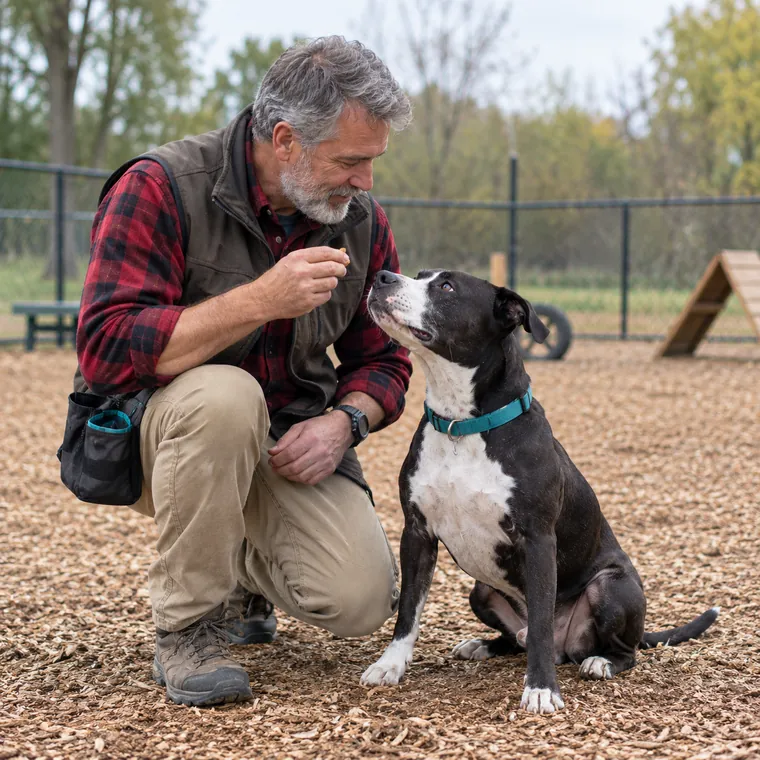 Trainer rewarding a pit bull mix at a dog park