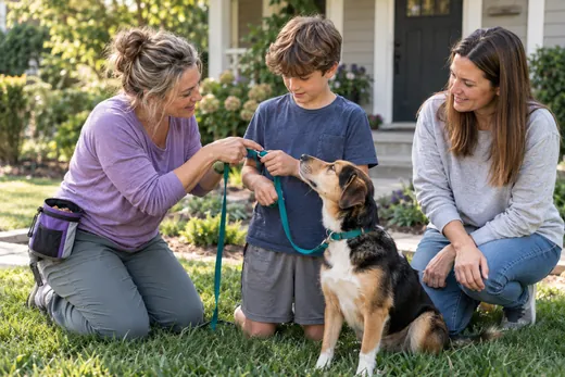 Trainer showing a family how to hold a leash